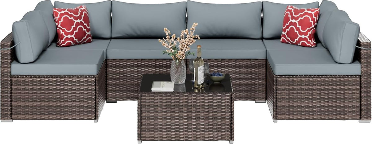 Brown PE Rattan 7-Piece Patio Furniture Sofa Set