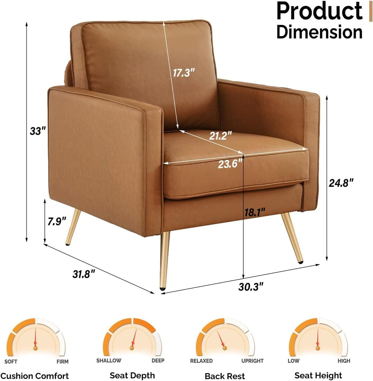 Brown PU Leather Accent Chairs Set Of 2 With Gold Legs