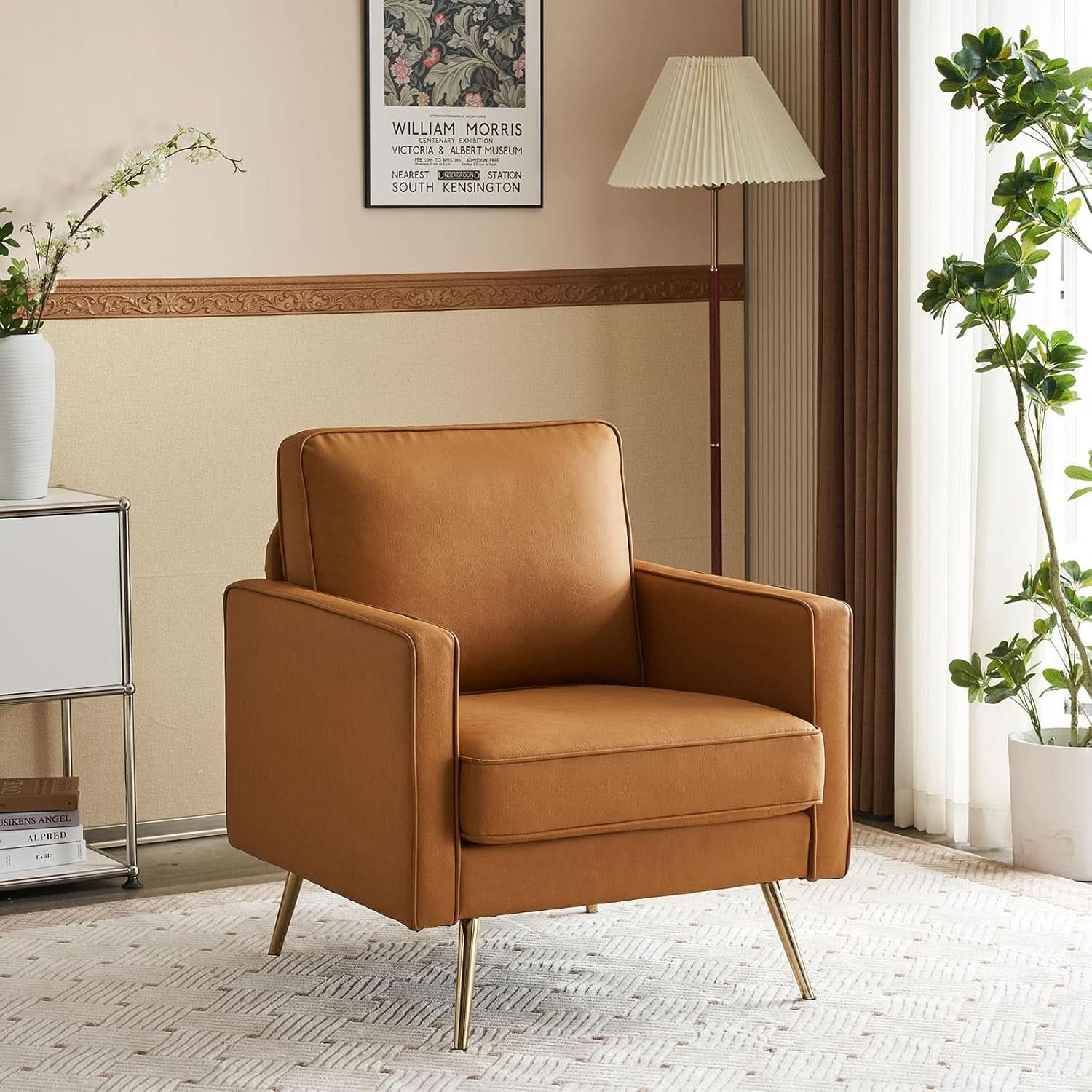 Brown PU Leather Accent Chairs Set Of 2 With Gold Legs