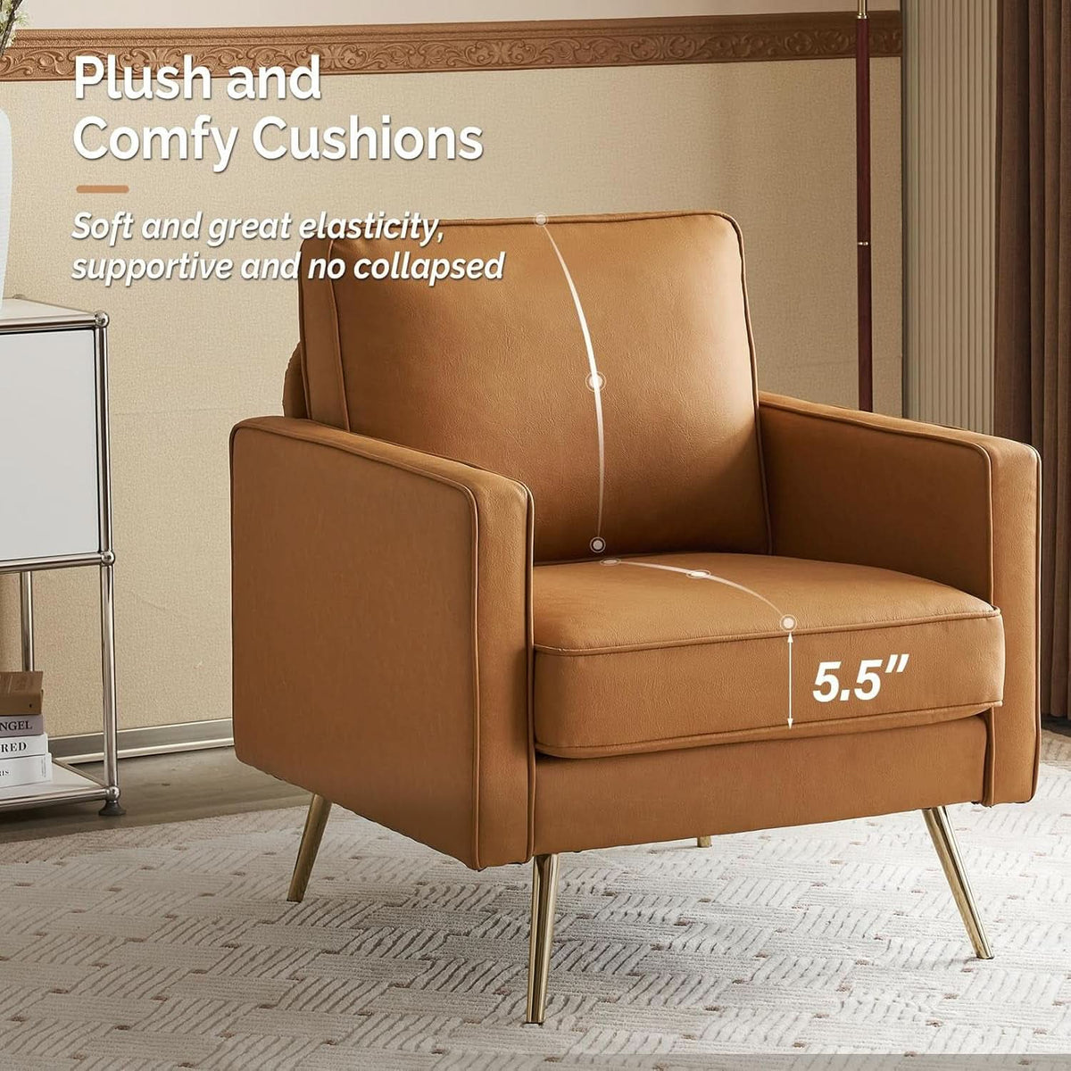 Brown PU Leather Accent Chairs Set Of 2 With Gold Legs