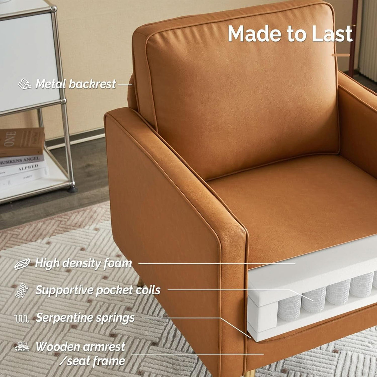 Brown PU Leather Accent Chairs Set Of 2 With Gold Legs