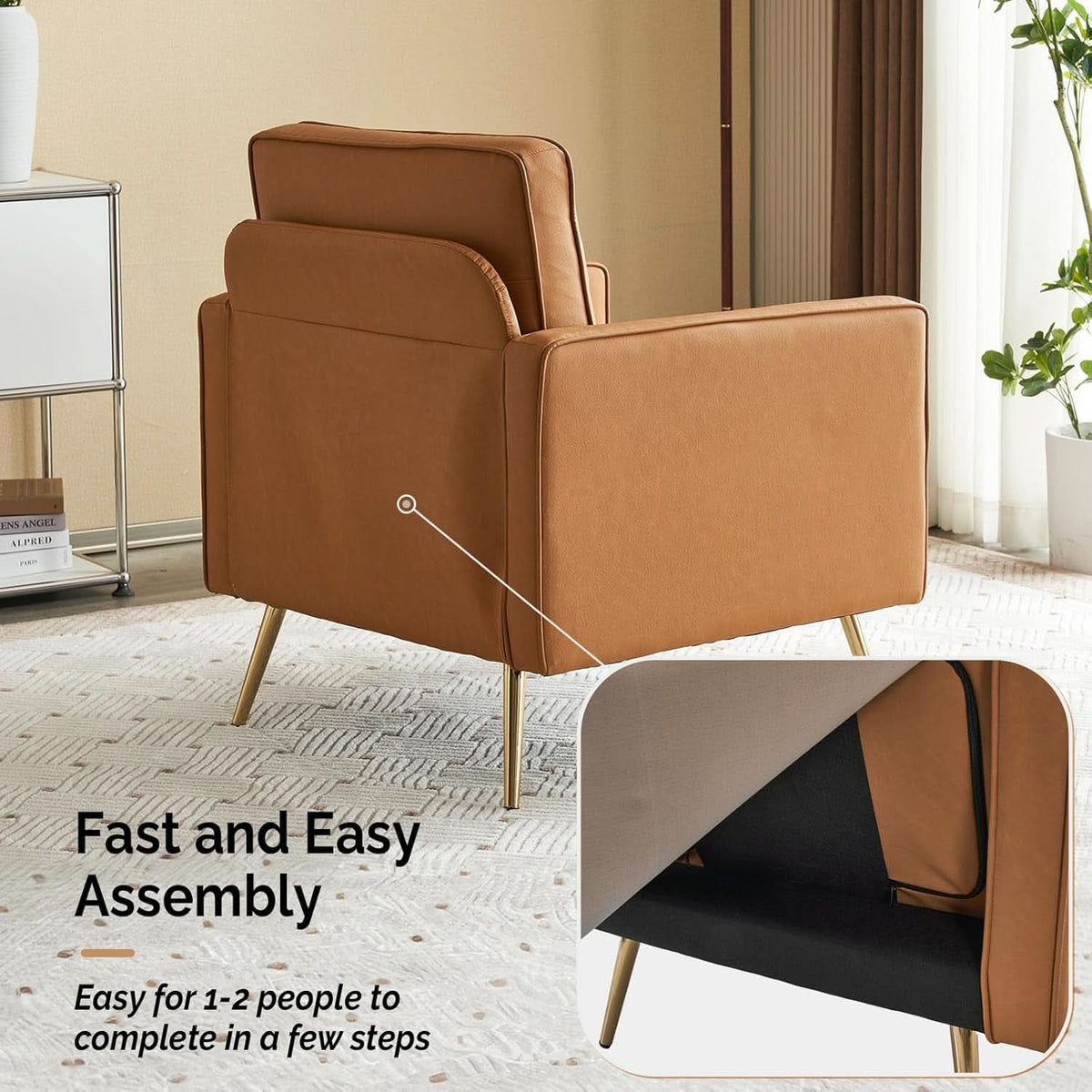 Brown PU Leather Accent Chairs Set Of 2 With Gold Legs