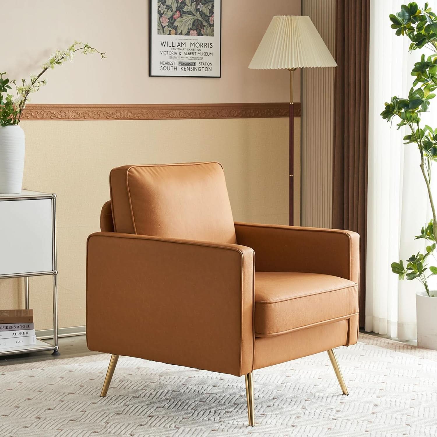 Brown PU Leather Accent Chairs Set Of 2 With Gold Legs