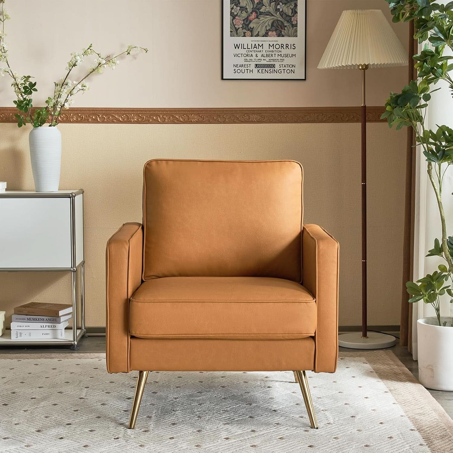 Brown PU Leather Accent Chairs Set Of 2 With Gold Legs