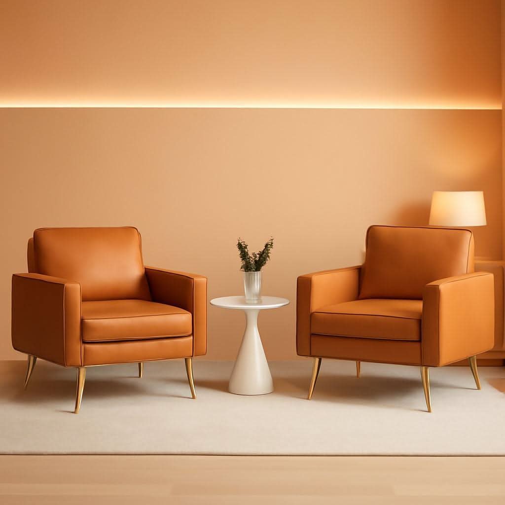 Brown PU Leather Accent Chairs Set Of 2 With Gold Legs