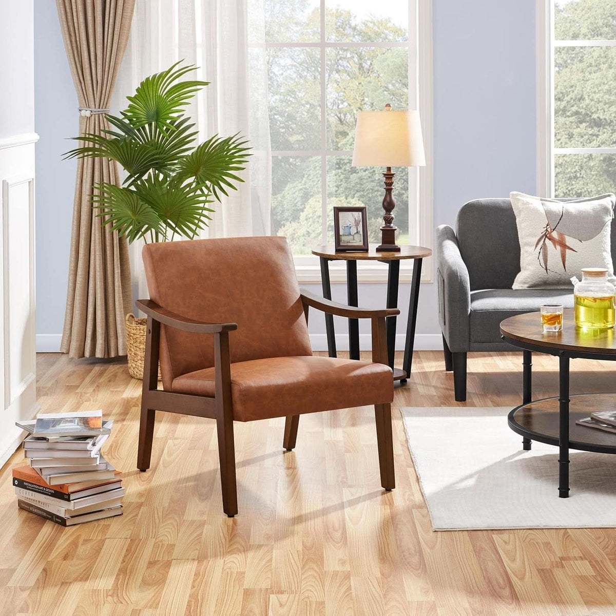Brown PU Leather Accent Chairs Set of 2 Mid Century Modern