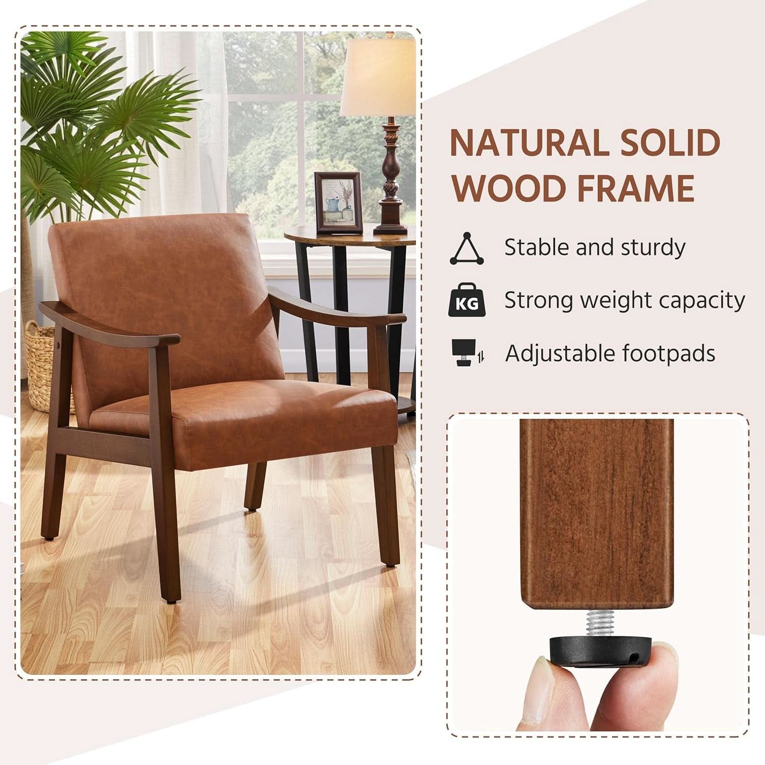 Brown PU Leather Accent Chairs Set of 2 Mid Century Modern