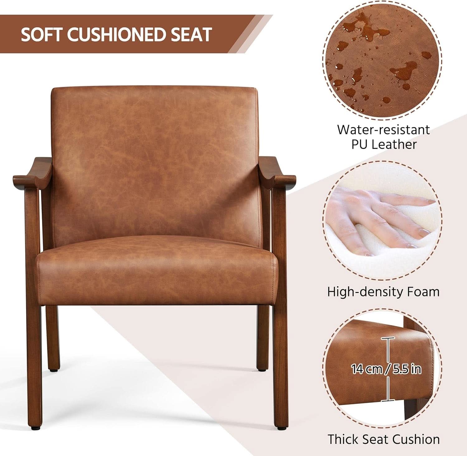 Brown PU Leather Accent Chairs Set of 2 Mid Century Modern