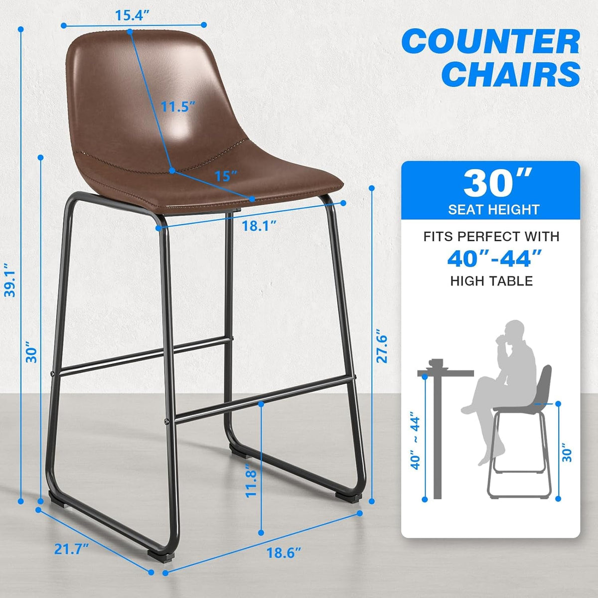 Brown PU Leather Bar Stools Set Of 2 30 Inch High With Back And Footrest