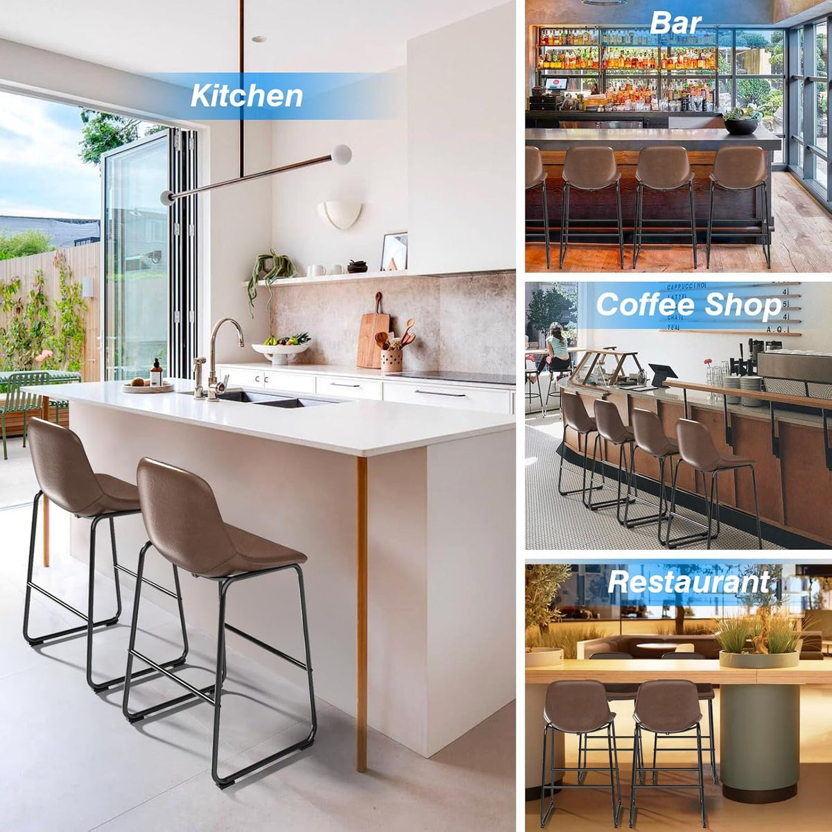 Brown PU Leather Bar Stools Set Of 2 30 Inch High With Back And Footrest