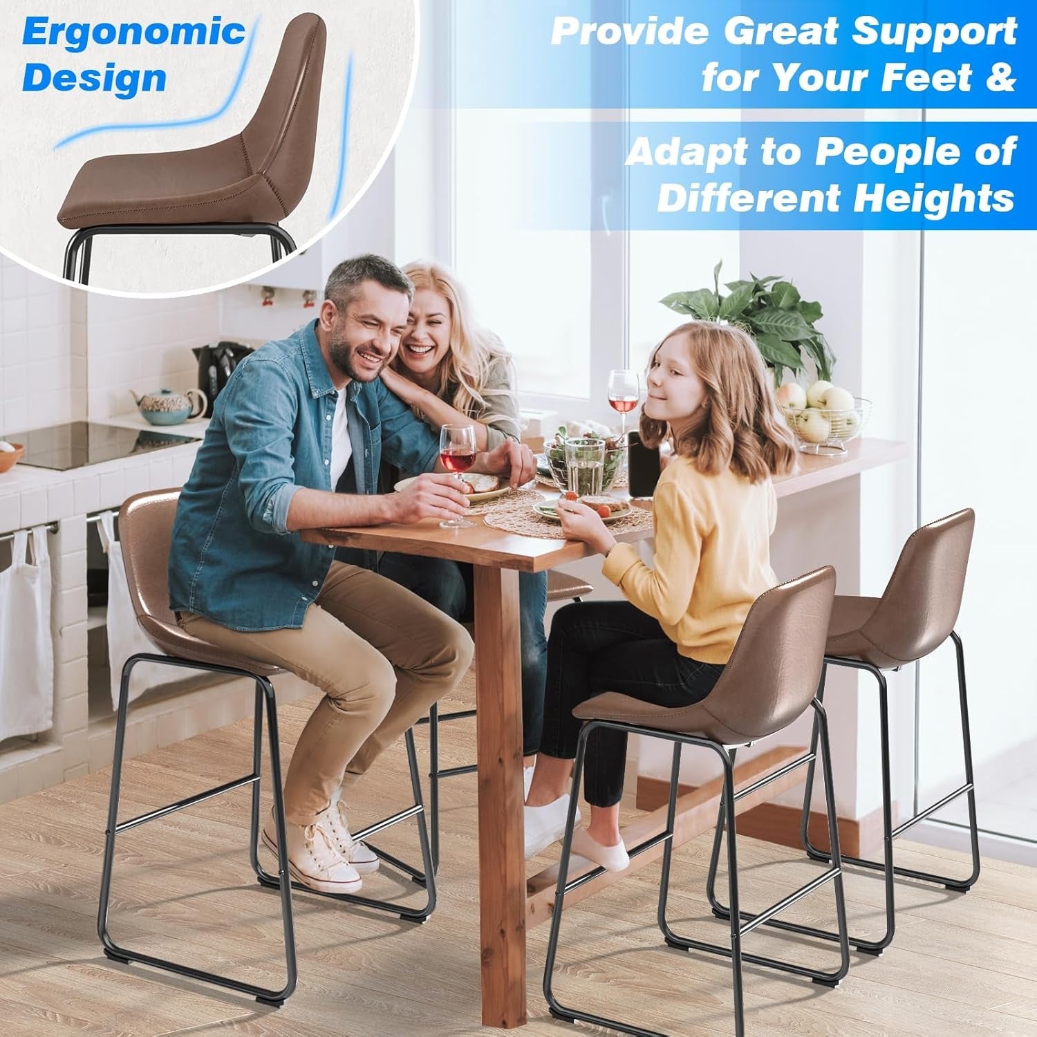 Brown PU Leather Bar Stools Set Of 2 30 Inch High With Back And Footrest