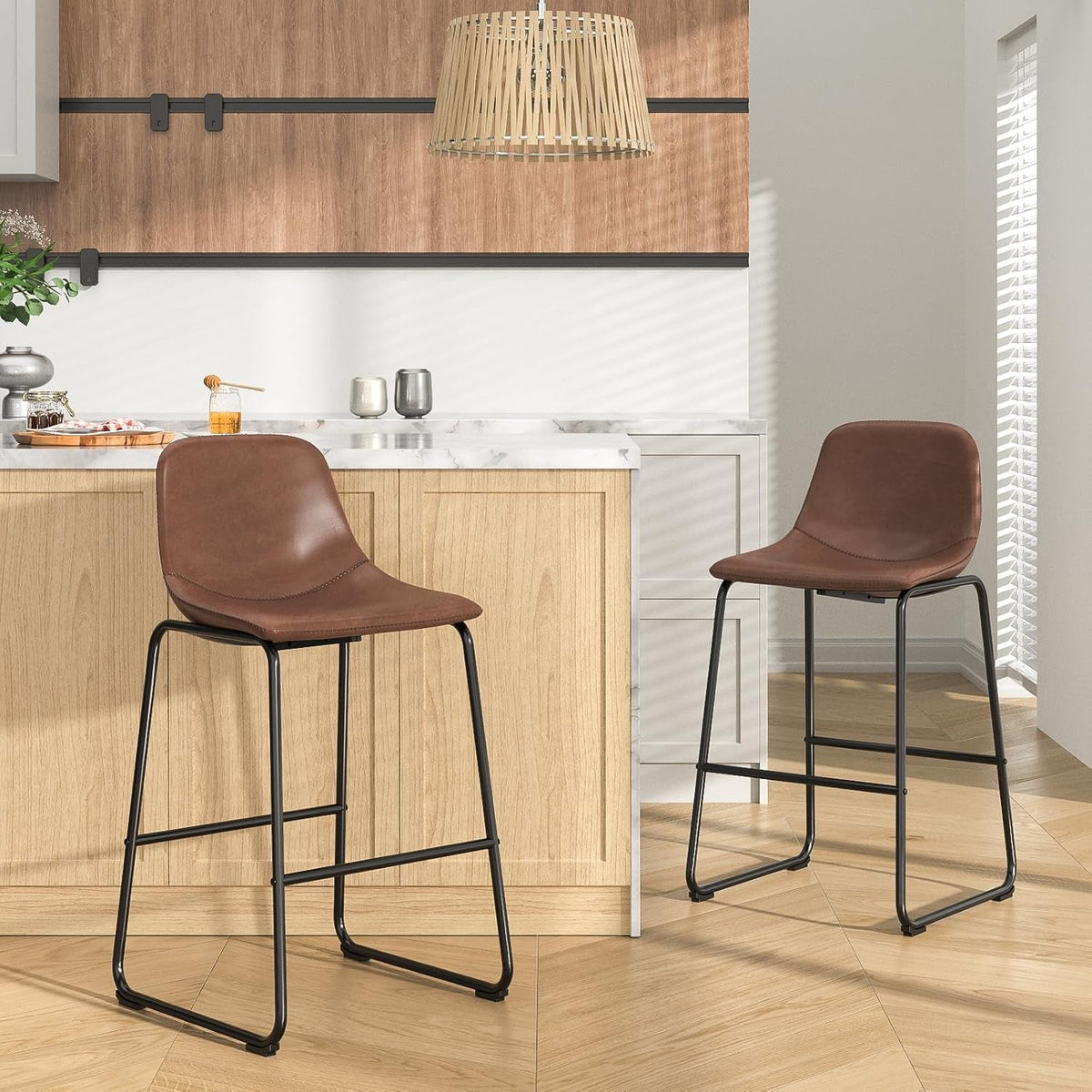 Brown PU Leather Bar Stools Set Of 2 30 Inch High With Back And Footrest
