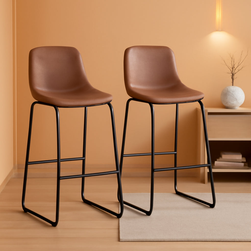 Brown PU Leather Bar Stools Set Of 2 30 Inch High With Back And Footrest