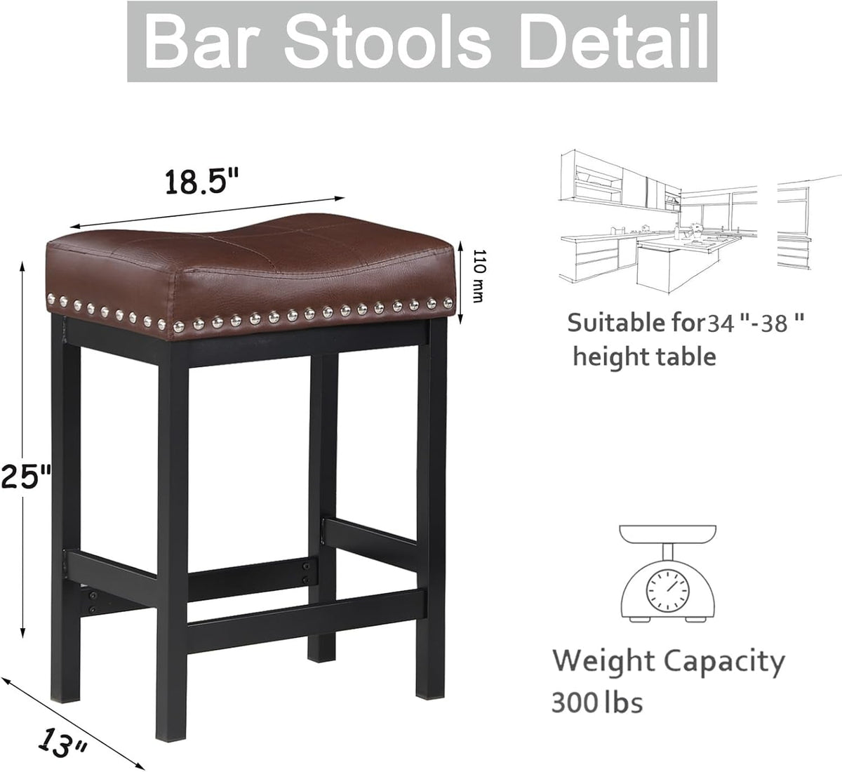 Brown PU Leather Bar Stools Set Of 2 For Kitchen Island
