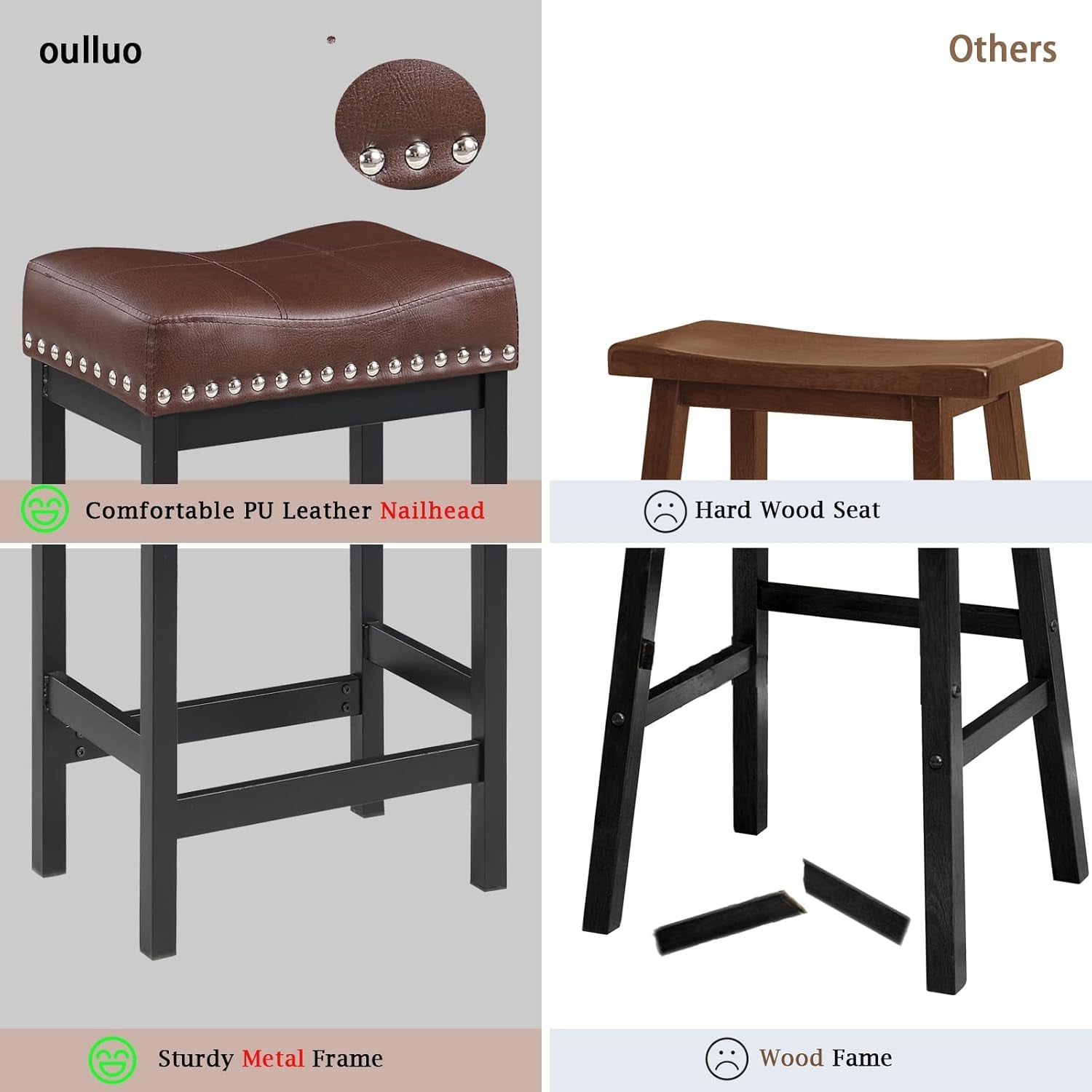 Brown PU Leather Bar Stools Set Of 2 For Kitchen Island