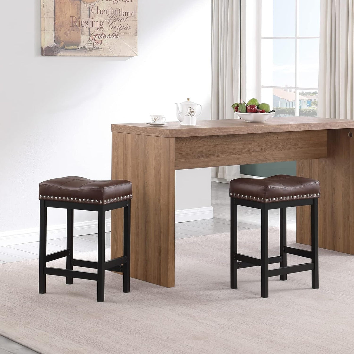 Brown PU Leather Bar Stools Set Of 2 For Kitchen Island