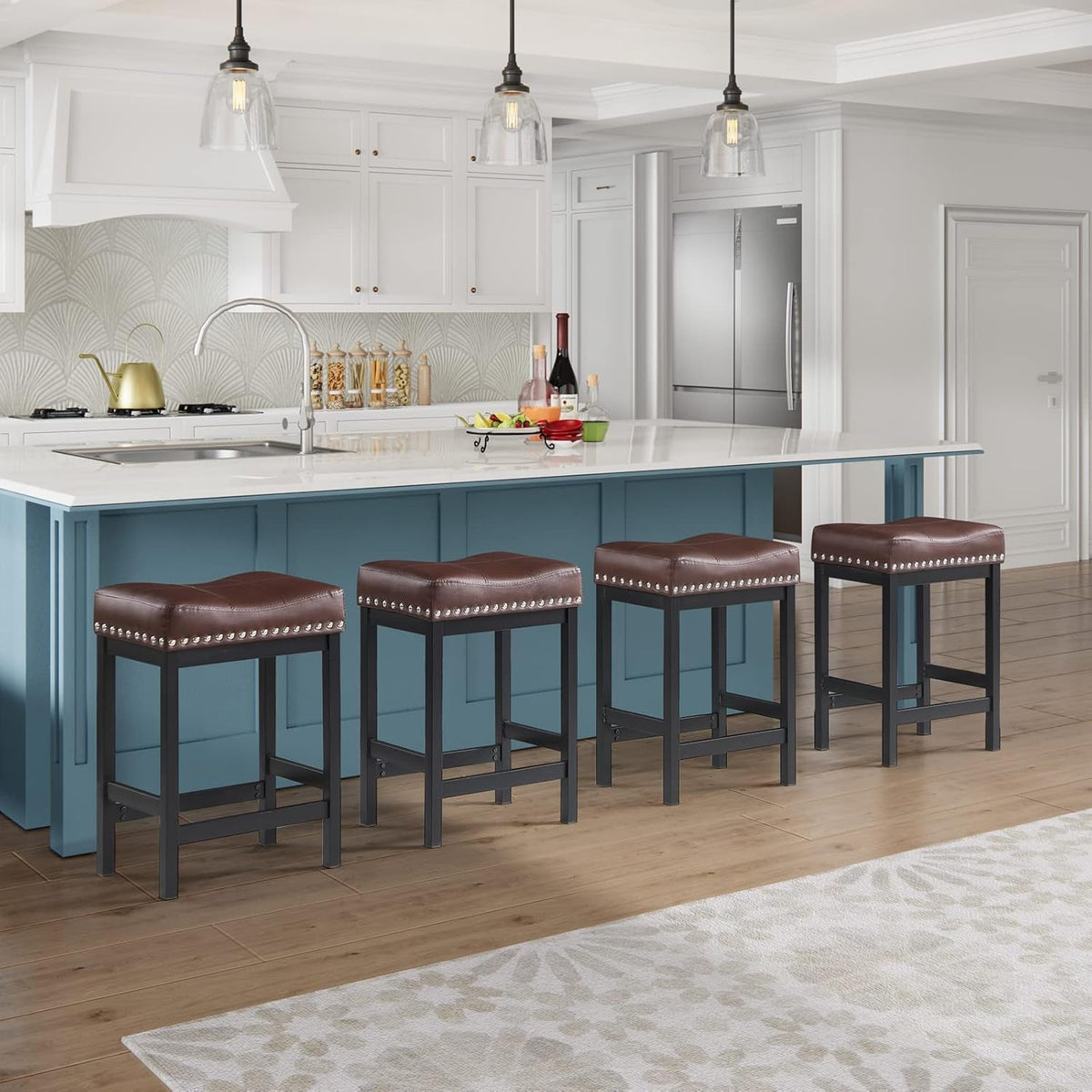 Brown PU Leather Bar Stools Set Of 2 For Kitchen Island