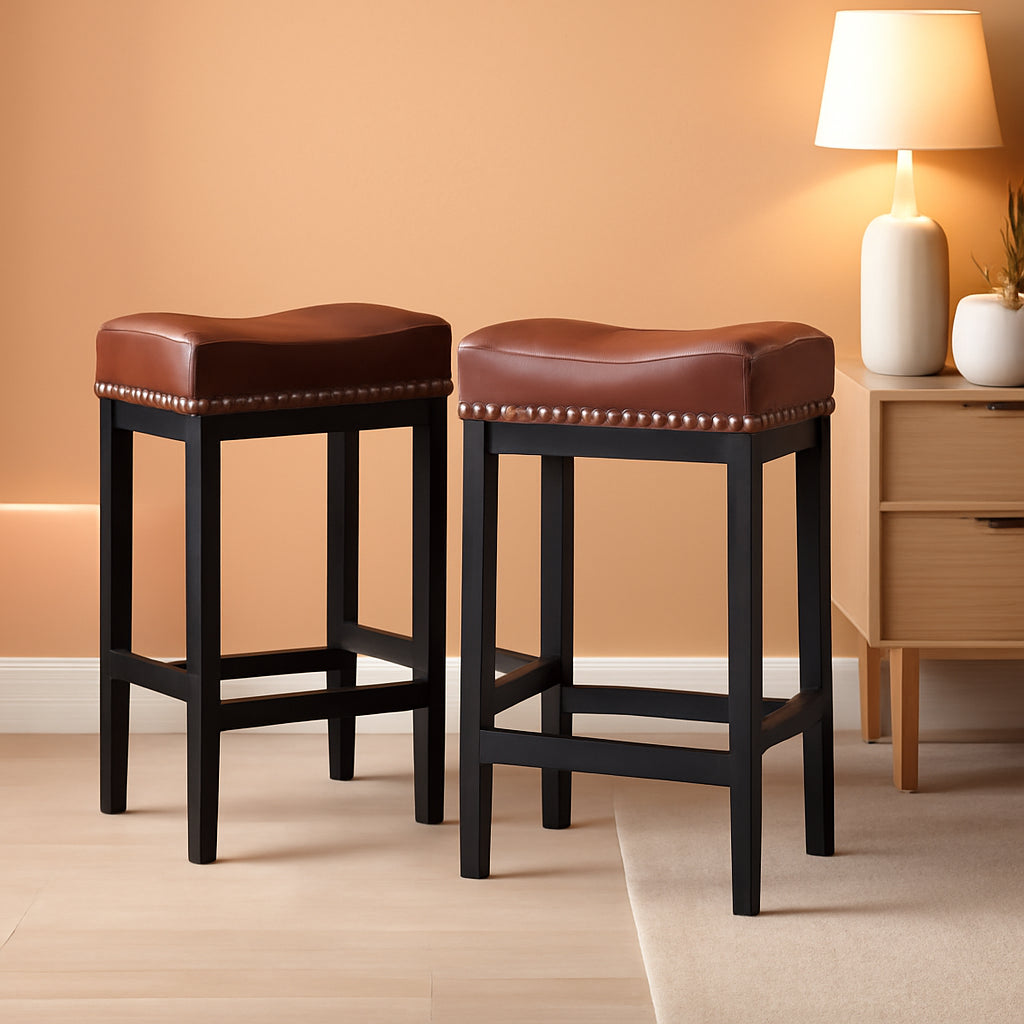 Brown PU Leather Bar Stools Set Of 2 For Kitchen Island