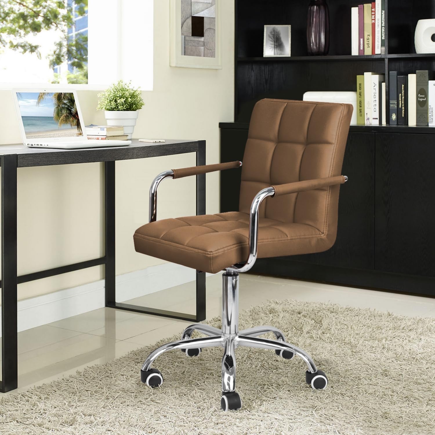 Brown PU Leather Desk Chair With Wheels Mid Back Ergonomic