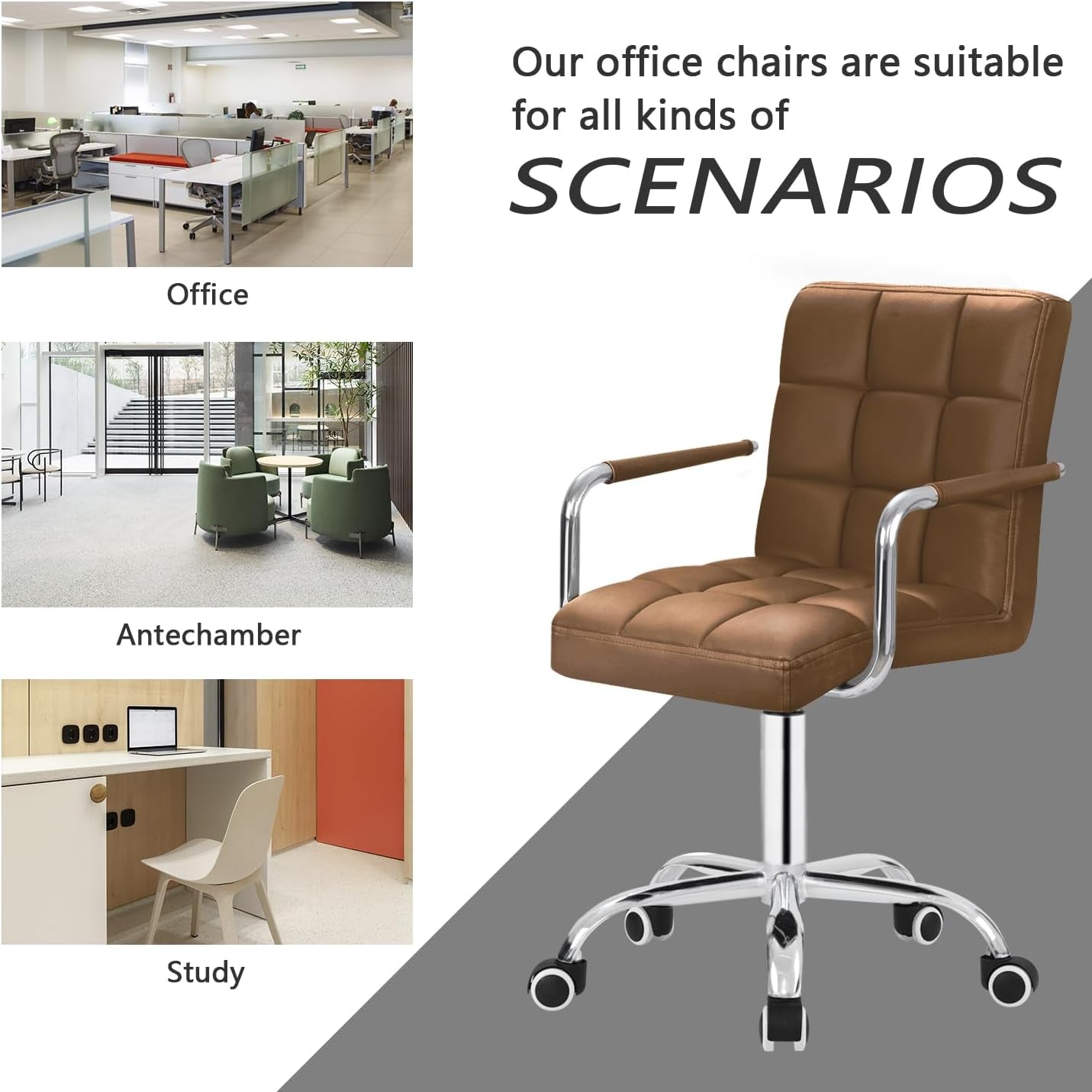 Brown PU Leather Desk Chair With Wheels Mid Back Ergonomic
