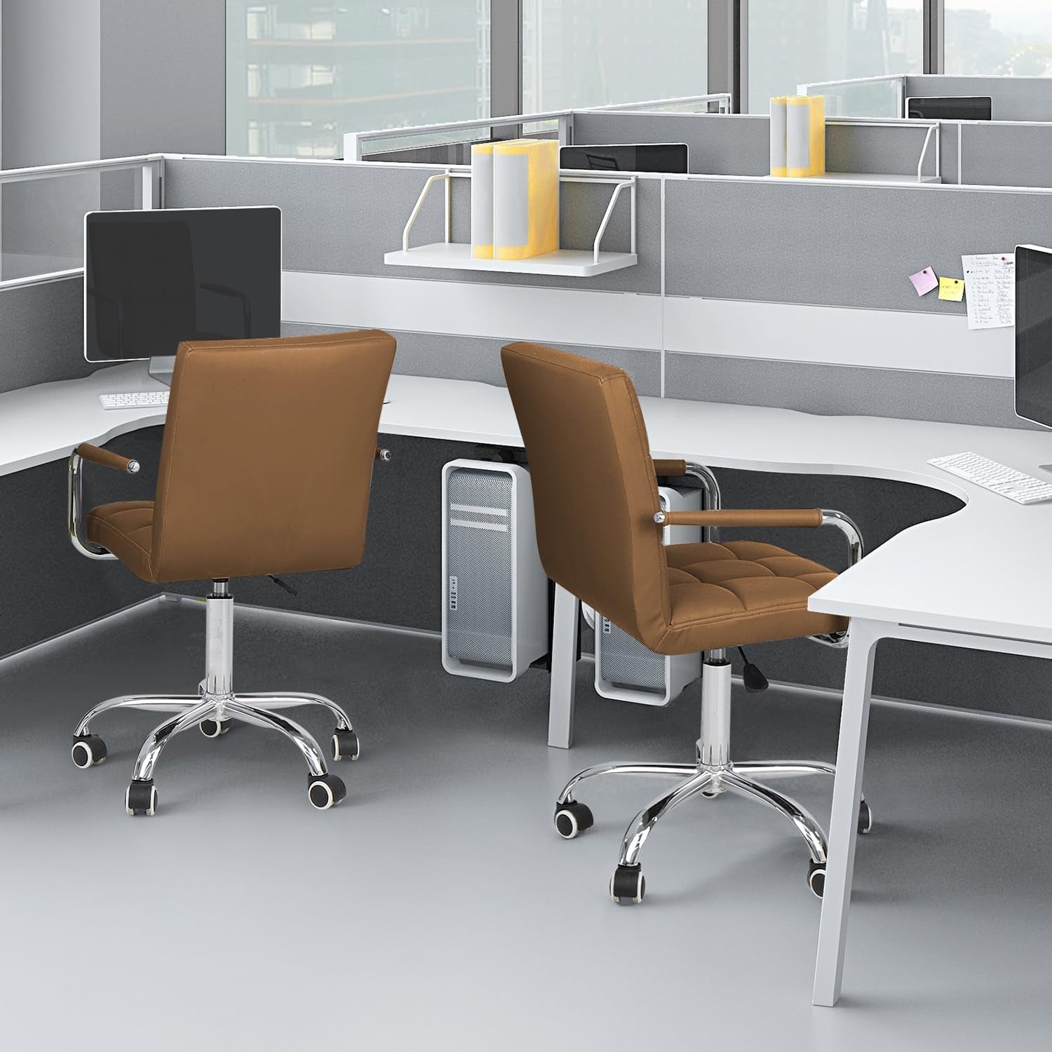Brown PU Leather Desk Chair With Wheels Mid Back Ergonomic