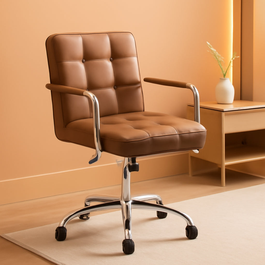 Brown PU Leather Desk Chair With Wheels Mid Back Ergonomic