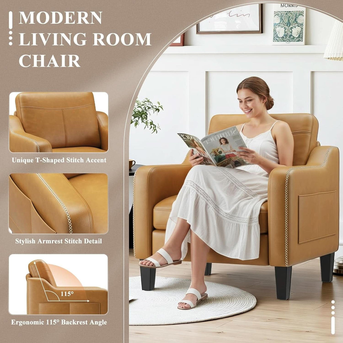 Brown PU Leather Mid Century Upholstered Armchairs