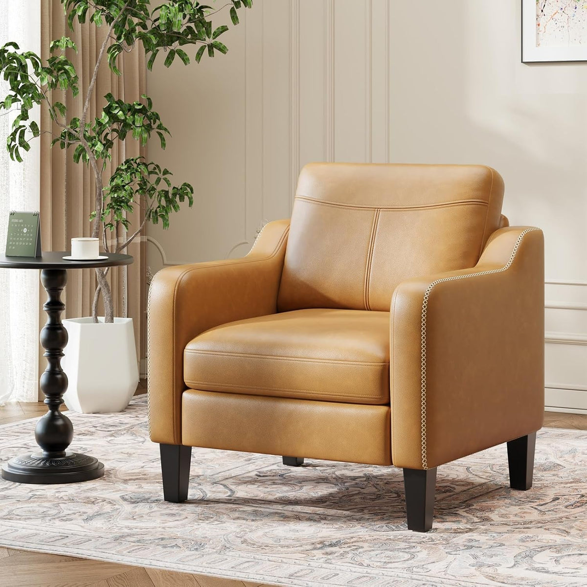Brown PU Leather Mid Century Upholstered Armchairs