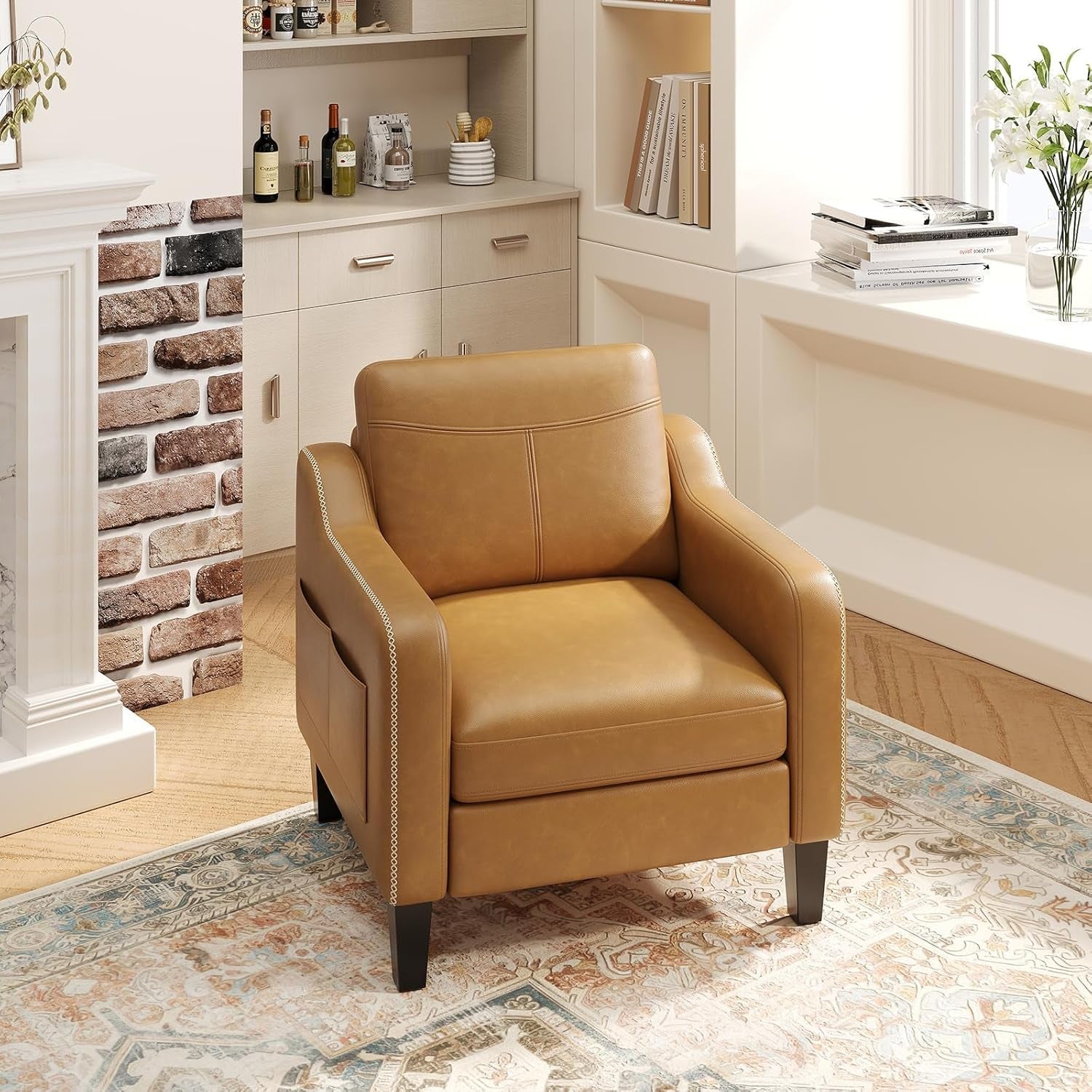Brown PU Leather Mid Century Upholstered Armchairs