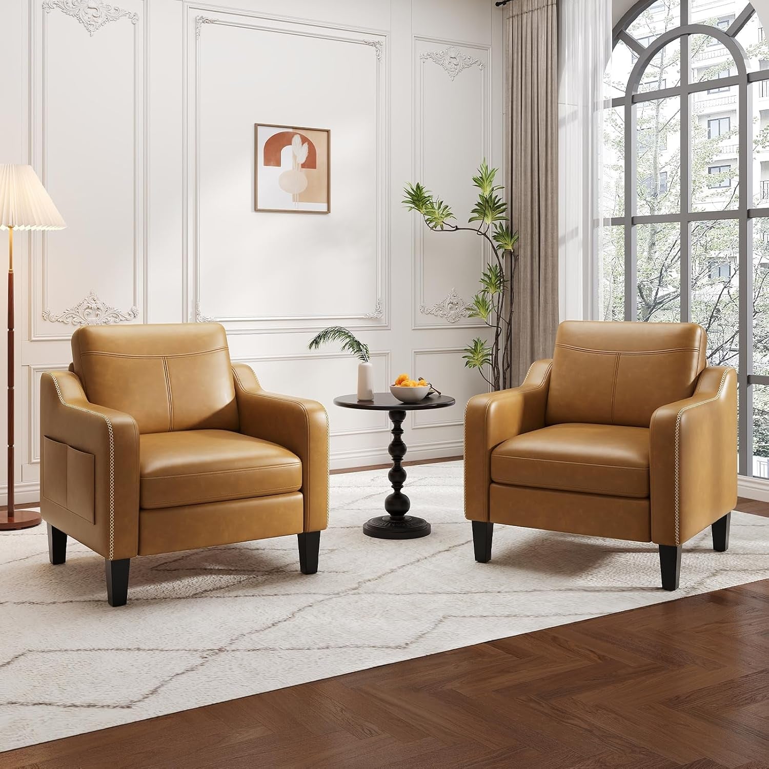 Brown PU Leather Mid Century Upholstered Armchairs
