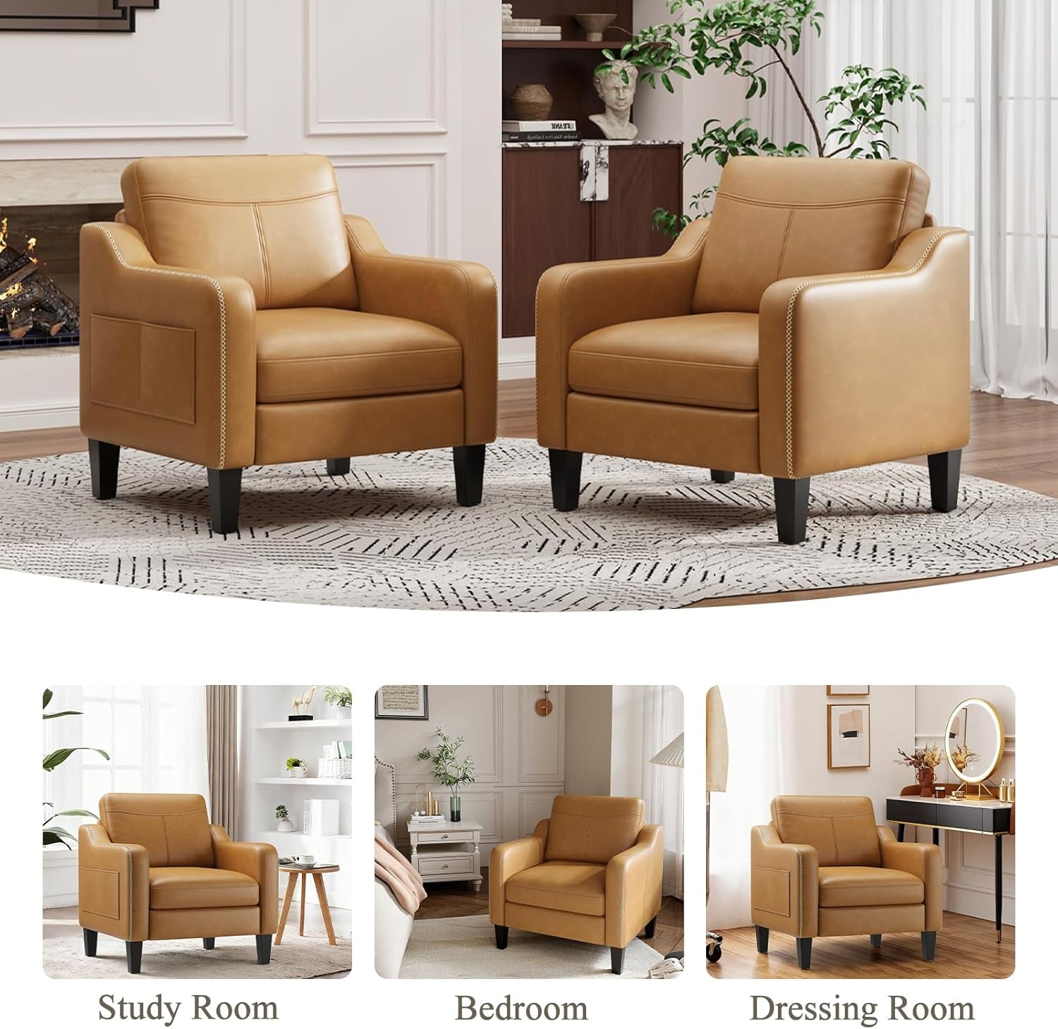 Brown PU Leather Mid Century Upholstered Armchairs