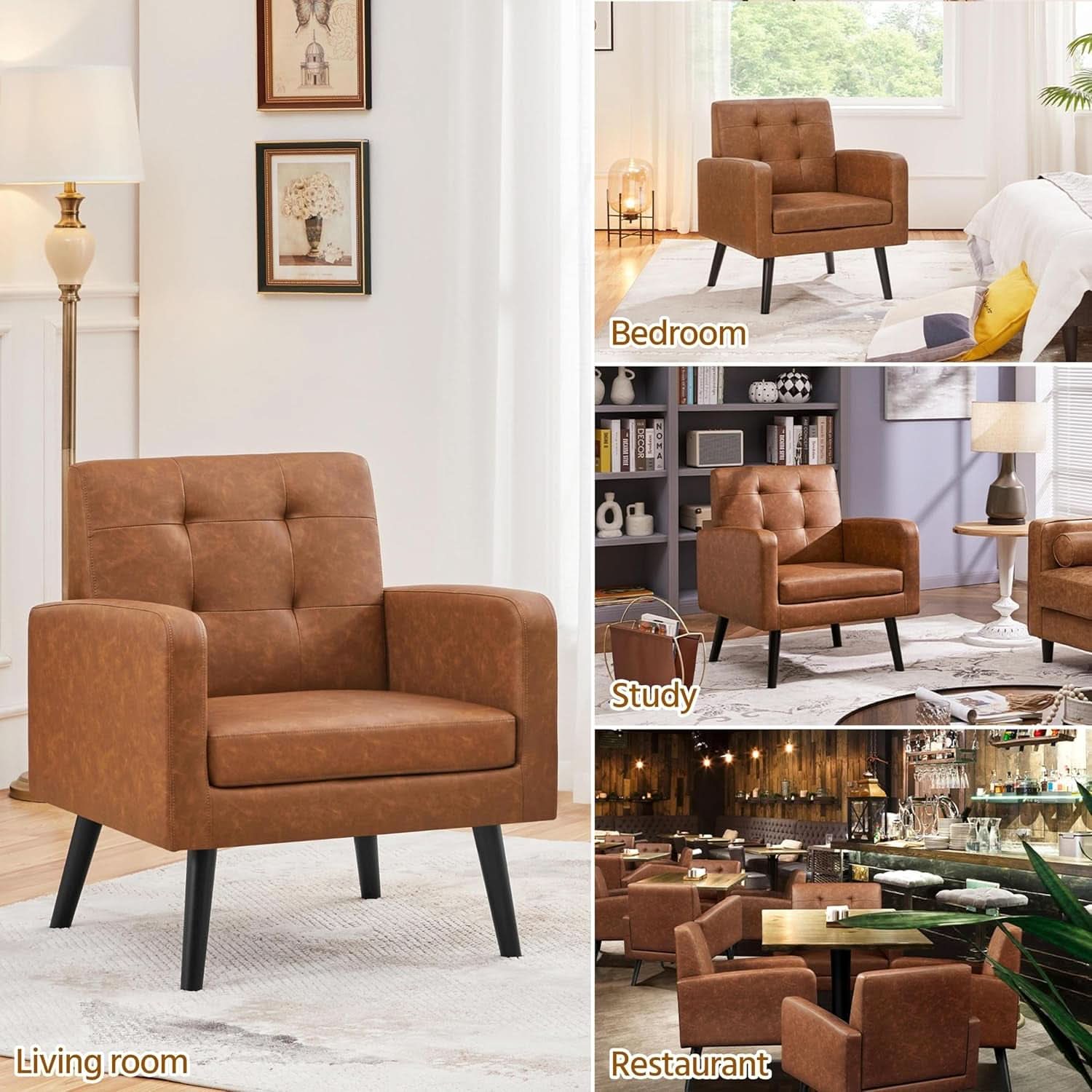 Brown PU Leather Midcentury Upholstered Ergonomic Armchair