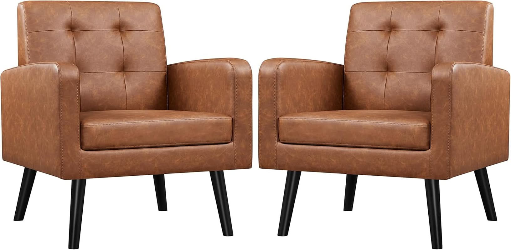 Brown PU Leather Midcentury Upholstered Ergonomic Armchair