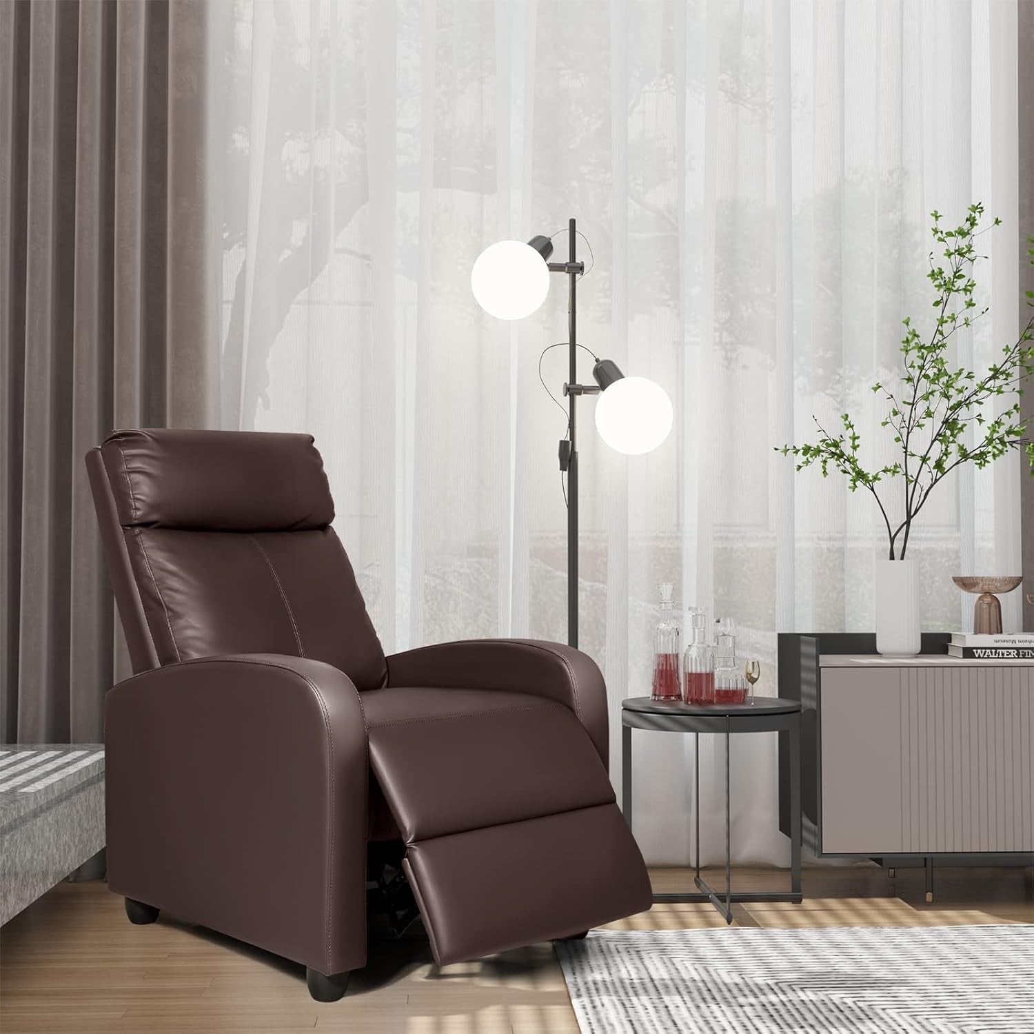 Brown PU Leather Recliner Chair With Adjustable 90 To 180 Degree Recline