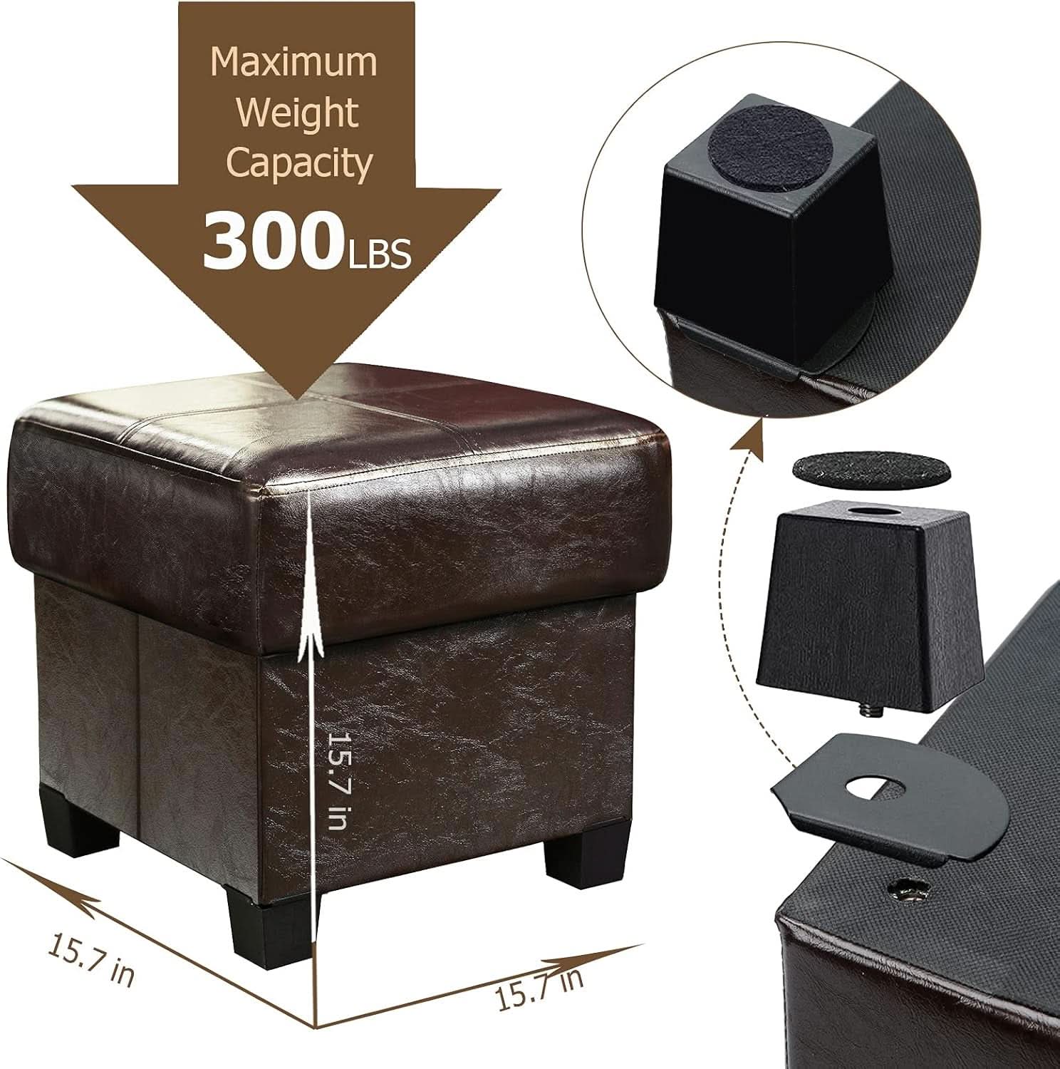 Brown PU Leather Storage Ottoman Featuring CushionedTop