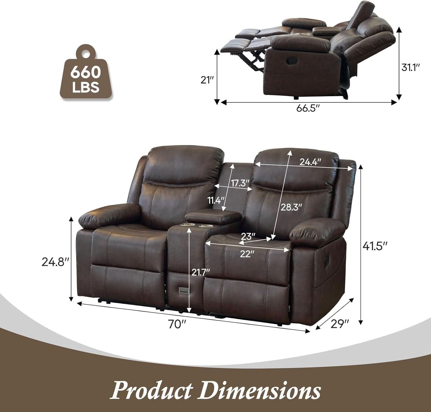 Brown PU Leather Two Seater Loveseat Recliner With Console And Double Reclining