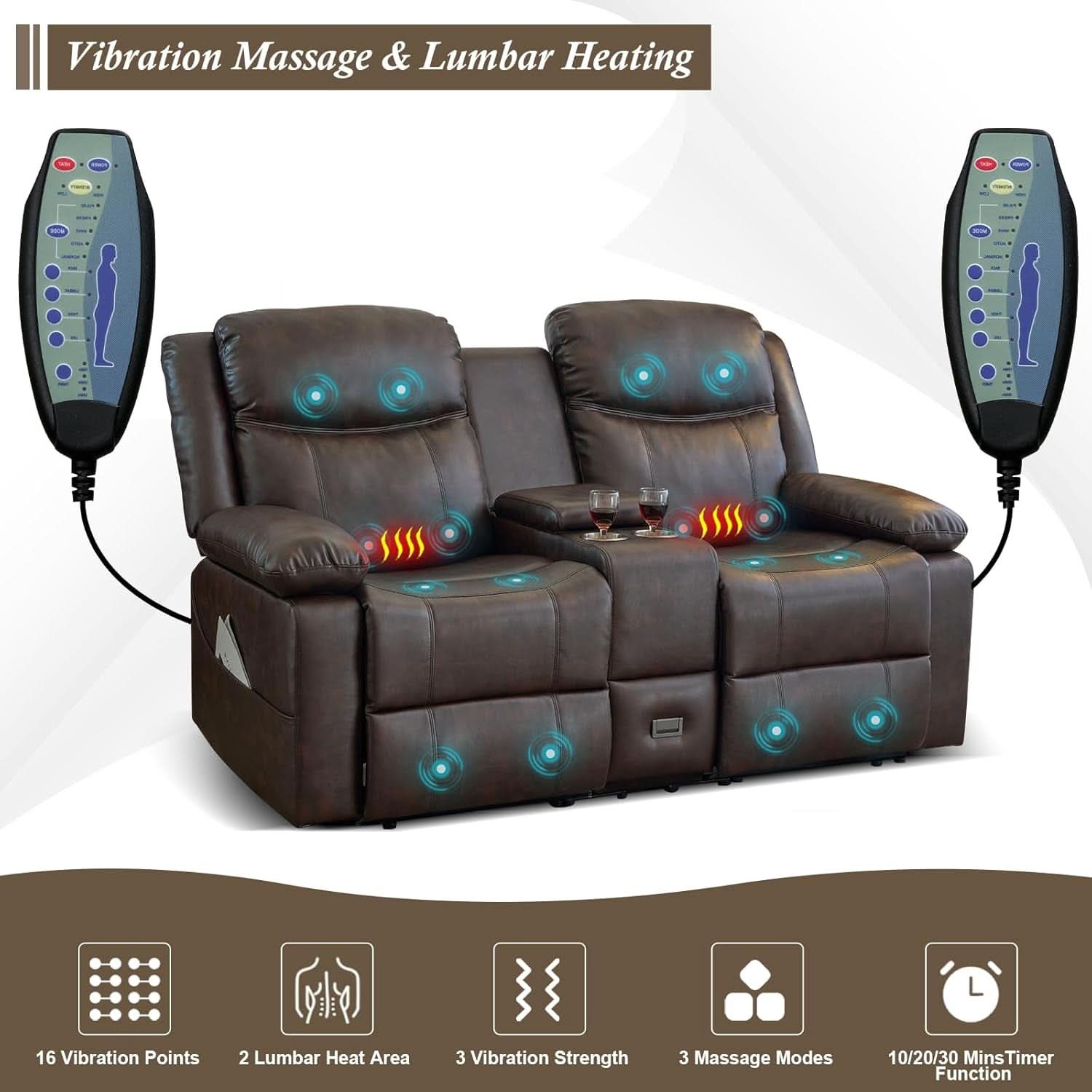 Brown PU Leather Two Seater Loveseat Recliner With Console And Double Reclining