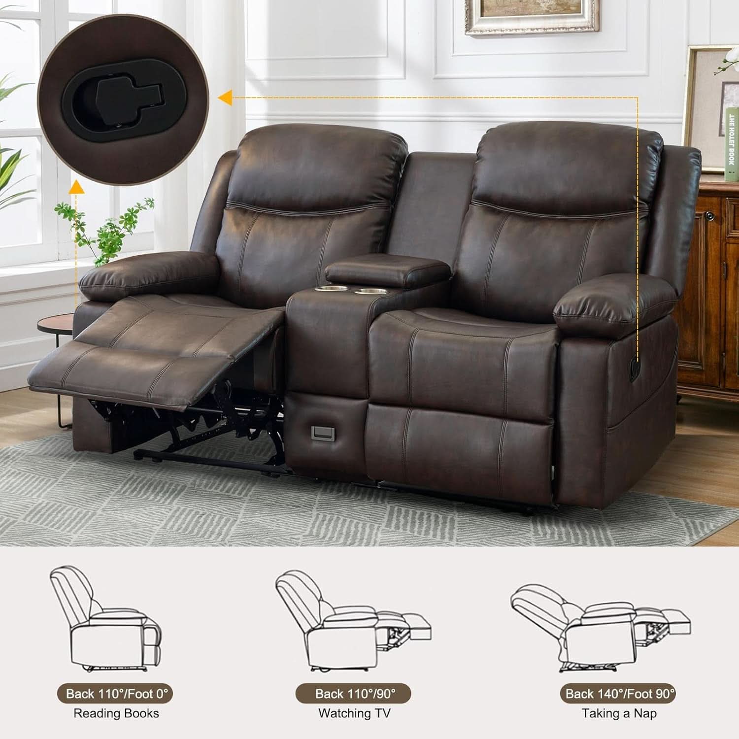 Brown PU Leather Two Seater Loveseat Recliner With Console And Double Reclining