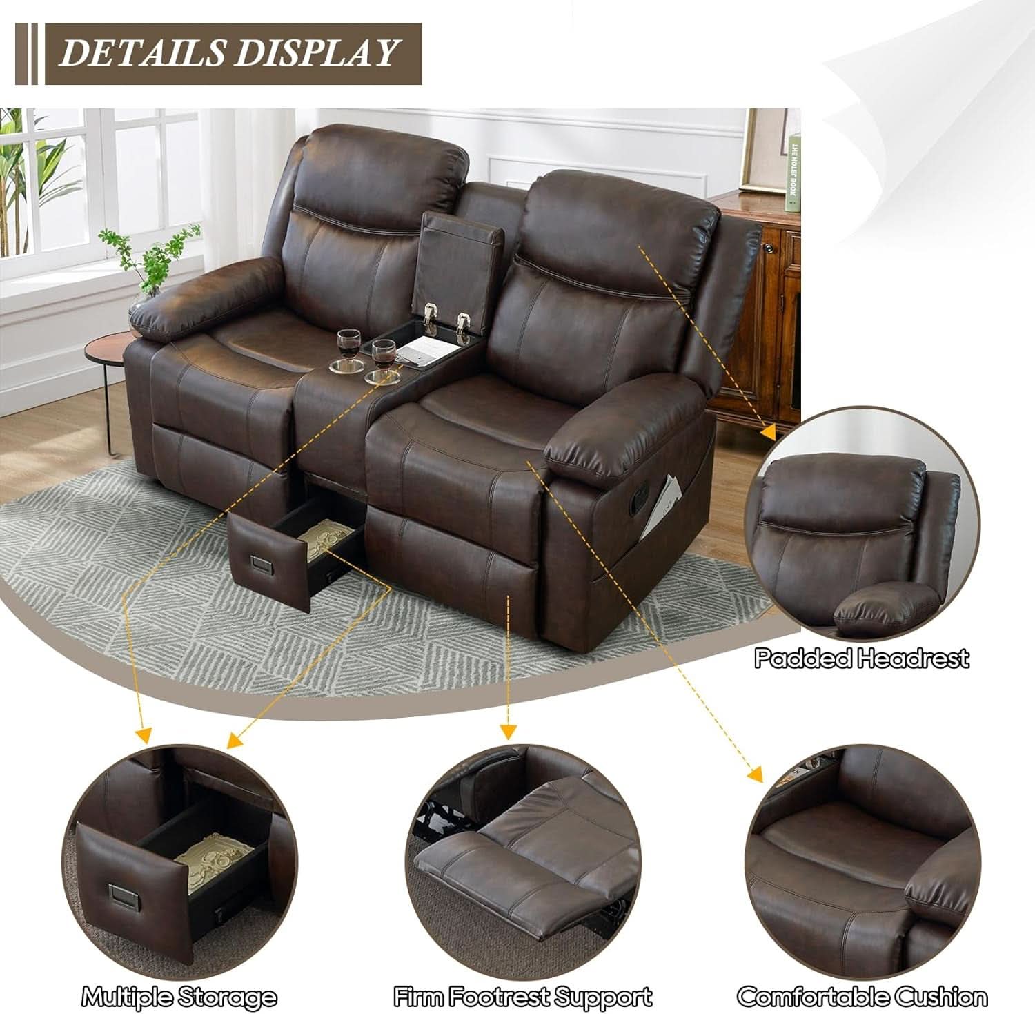 Brown PU Leather Two Seater Loveseat Recliner With Console And Double Reclining