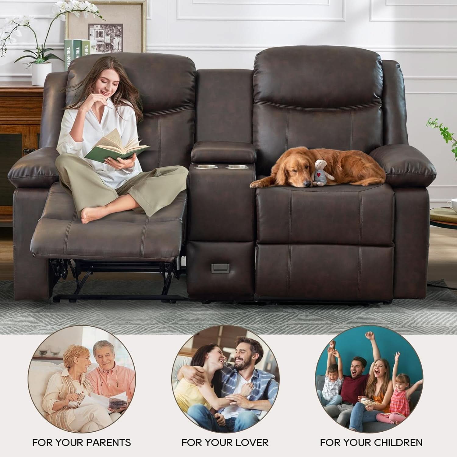 Brown PU Leather Two Seater Loveseat Recliner With Console And Double Reclining