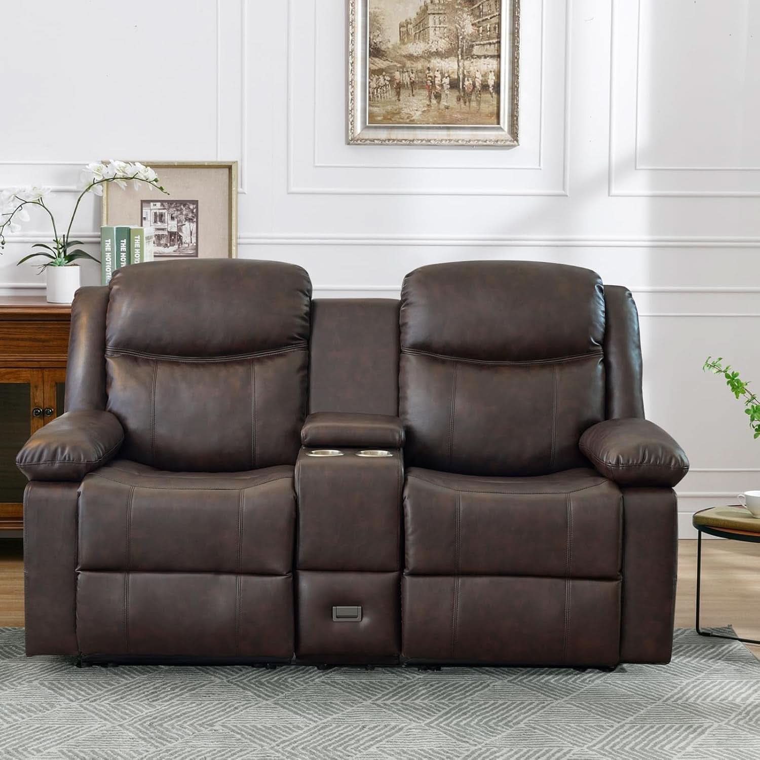 Brown PU Leather Two Seater Loveseat Recliner With Console And Double Reclining