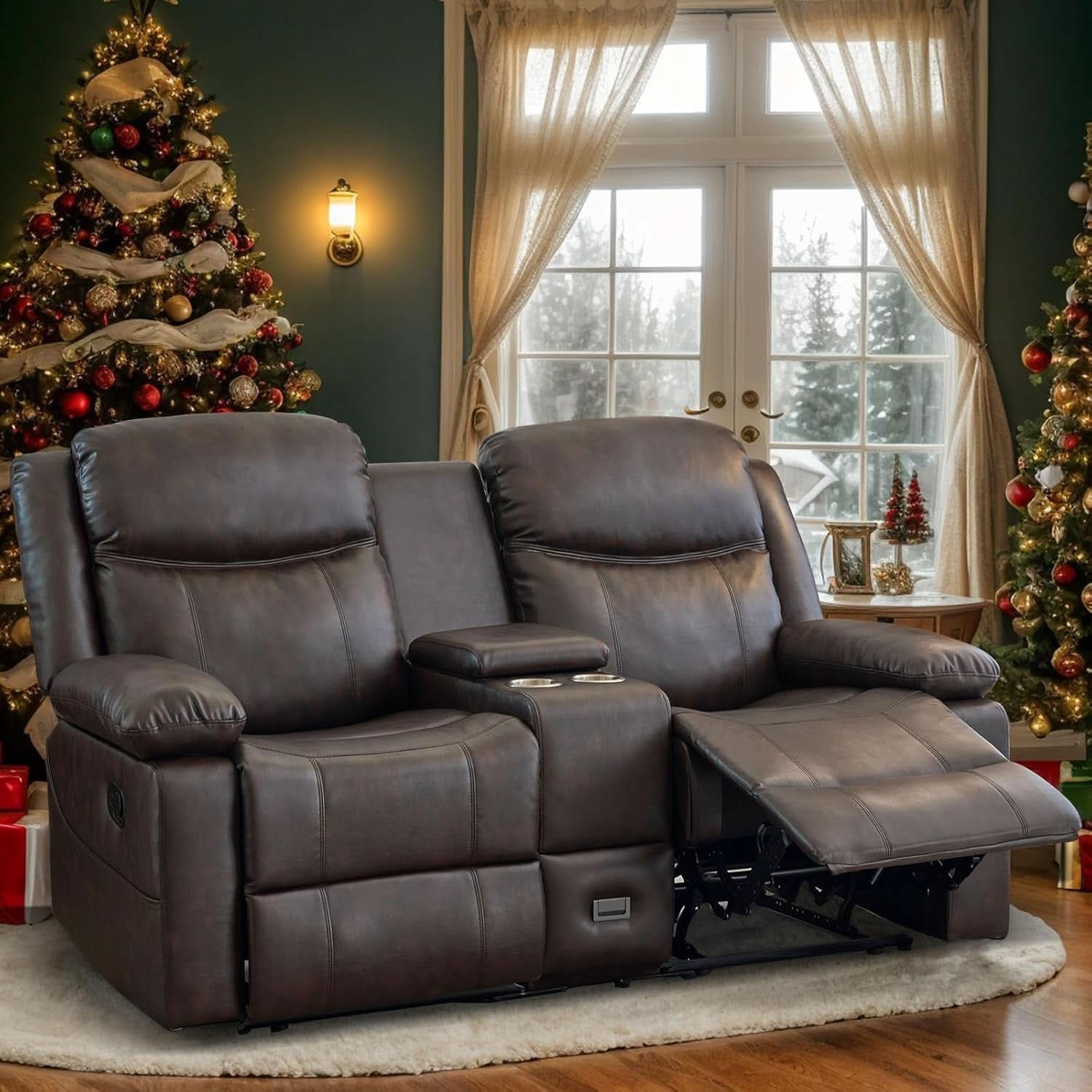 Brown PU Leather Two Seater Loveseat Recliner With Console And Double Reclining