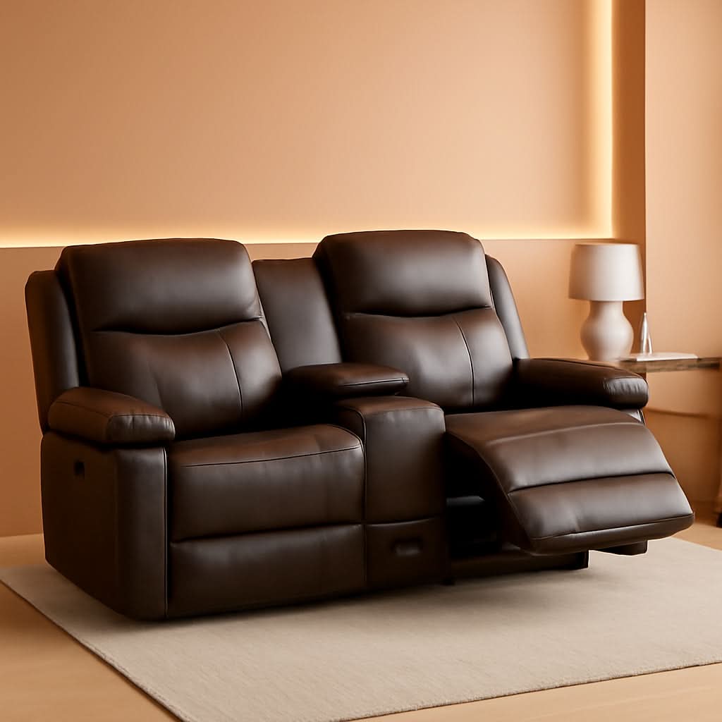 Brown PU Leather Two Seater Loveseat Recliner With Console And Double Reclining
