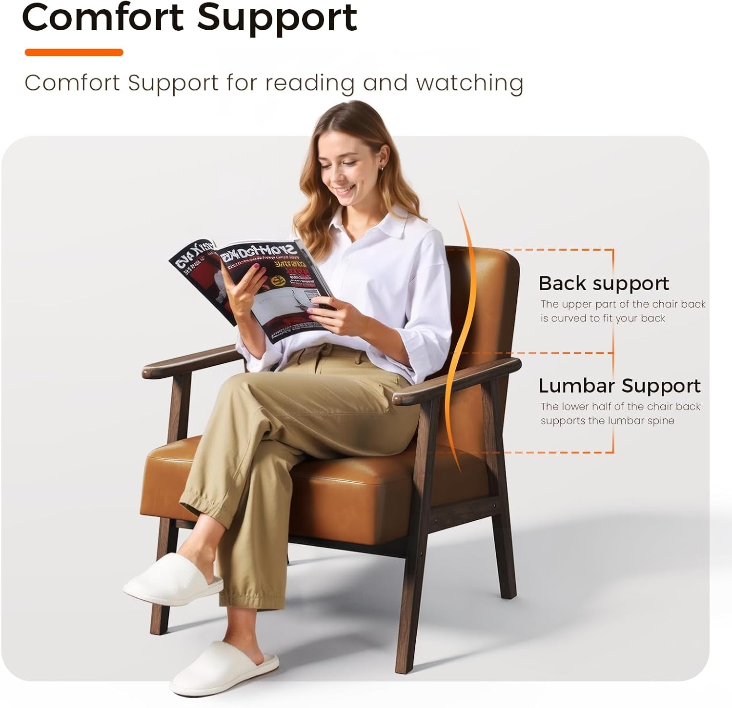 Brown PU Leather Upholstered Chair With Solid Wood Legs
