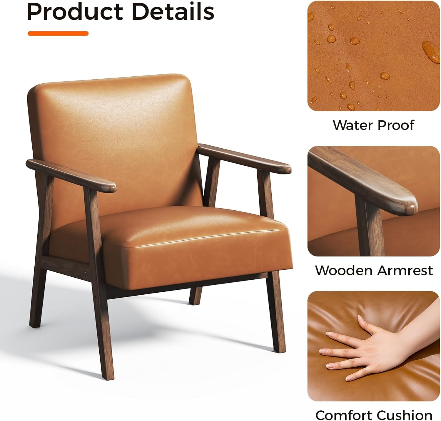 Brown PU Leather Upholstered Chair With Solid Wood Legs