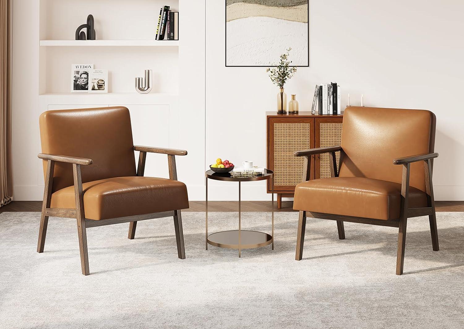 Brown PU Leather Upholstered Chair With Solid Wood Legs