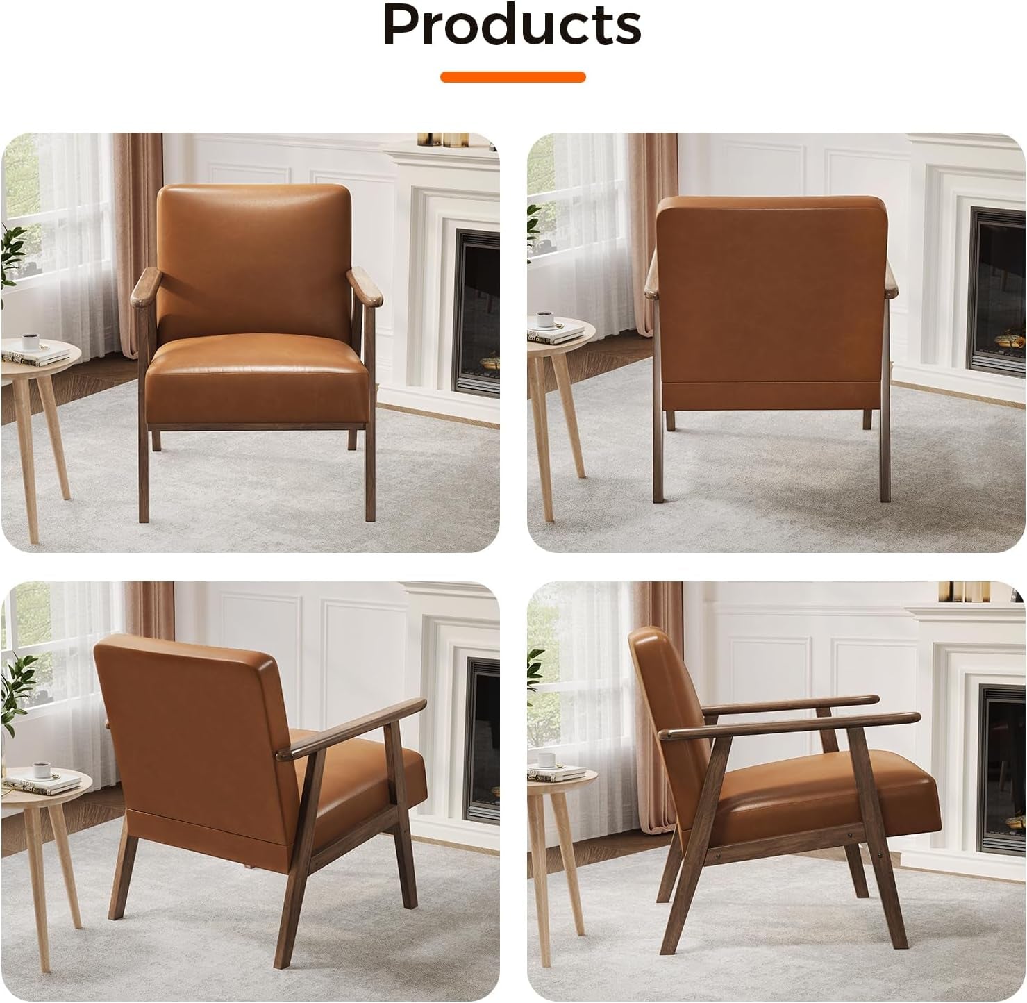 Brown PU Leather Upholstered Chair With Solid Wood Legs