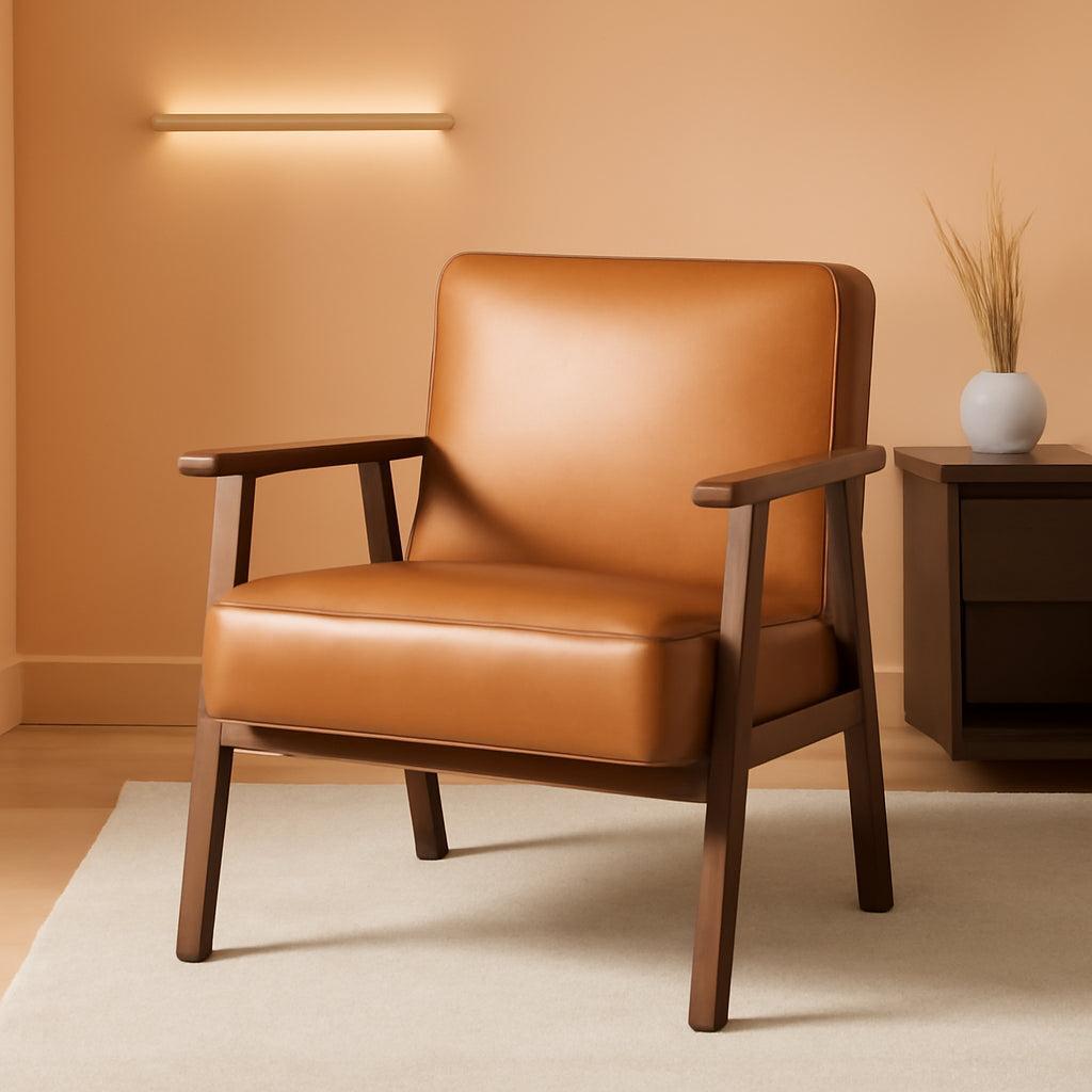 Brown PU Leather Upholstered Chair With Solid Wood Legs