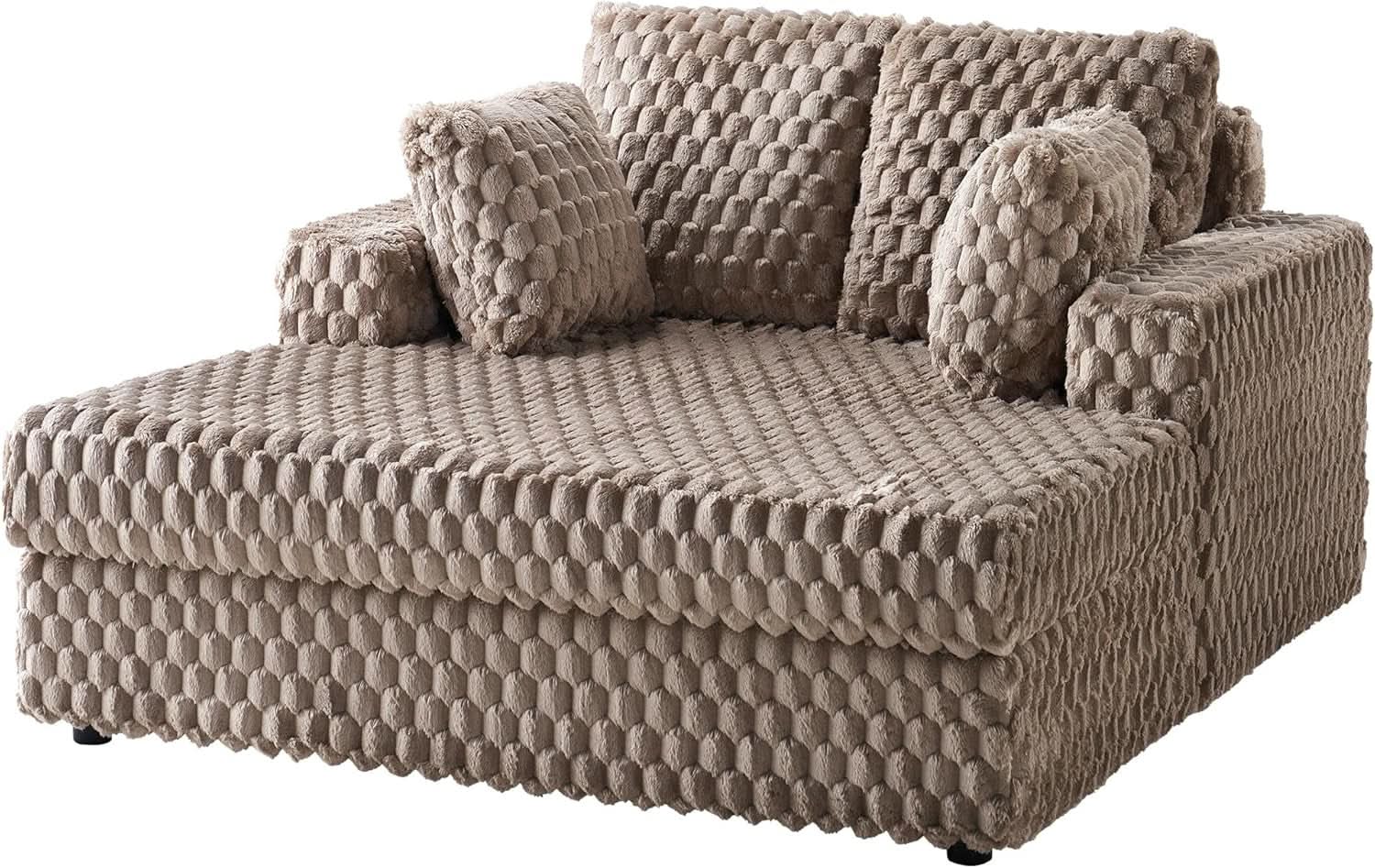 Brown Plush Sleeper Chair 53Inch Chaise Lounge With Pillows