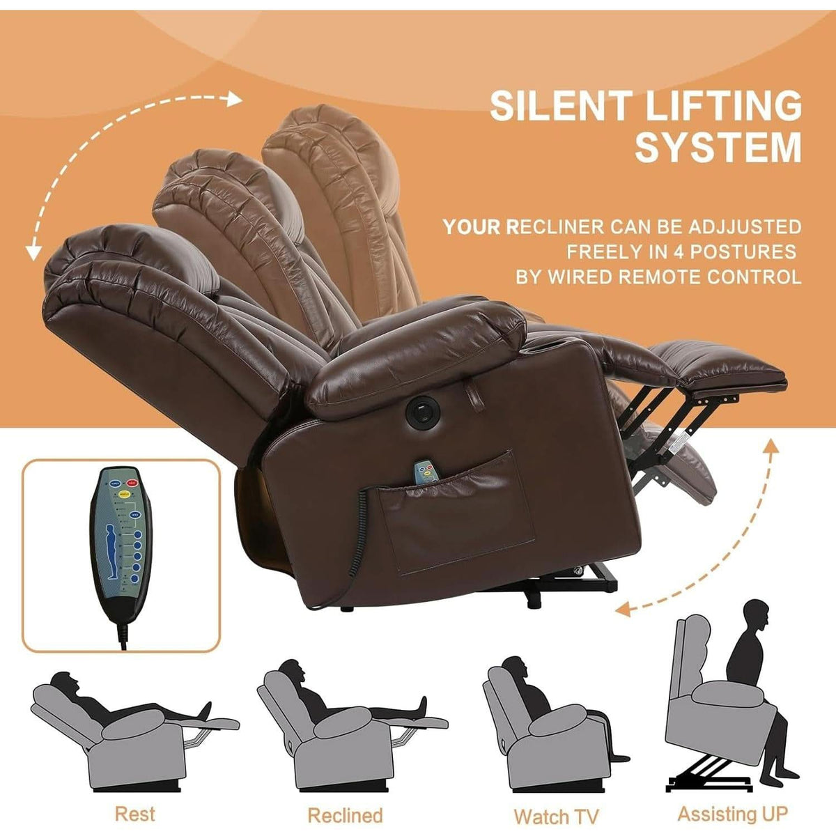 Brown Power Recliner With Massage And Heat Therapy